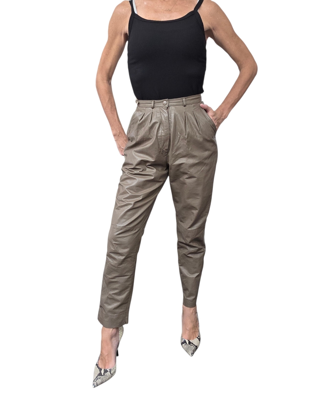 Vintage 90s Leather High Rise Pleated Straight Leg Pants Taupe 4